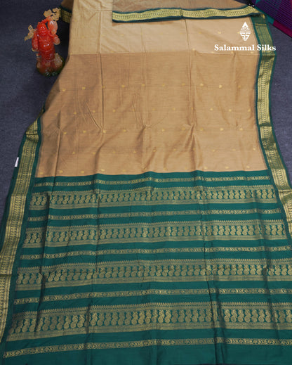 Dark Sandal Kalyani Cotton Saree With Contrast Bottle Green Blouse