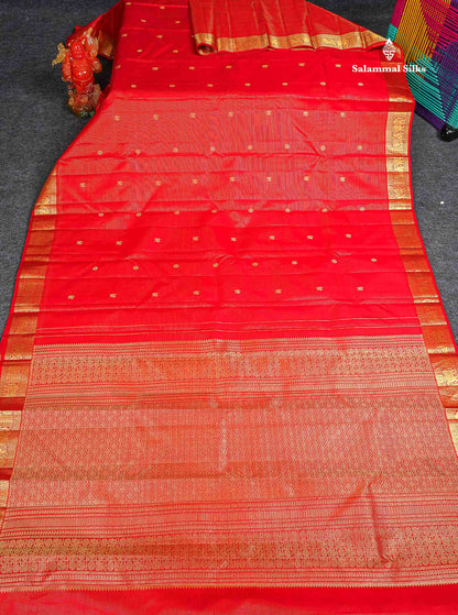 Pure Kanjivaram Silk Saree - Chilly Red Colour Body Vaira Oosi Lines With Butta & Traditional Small Border