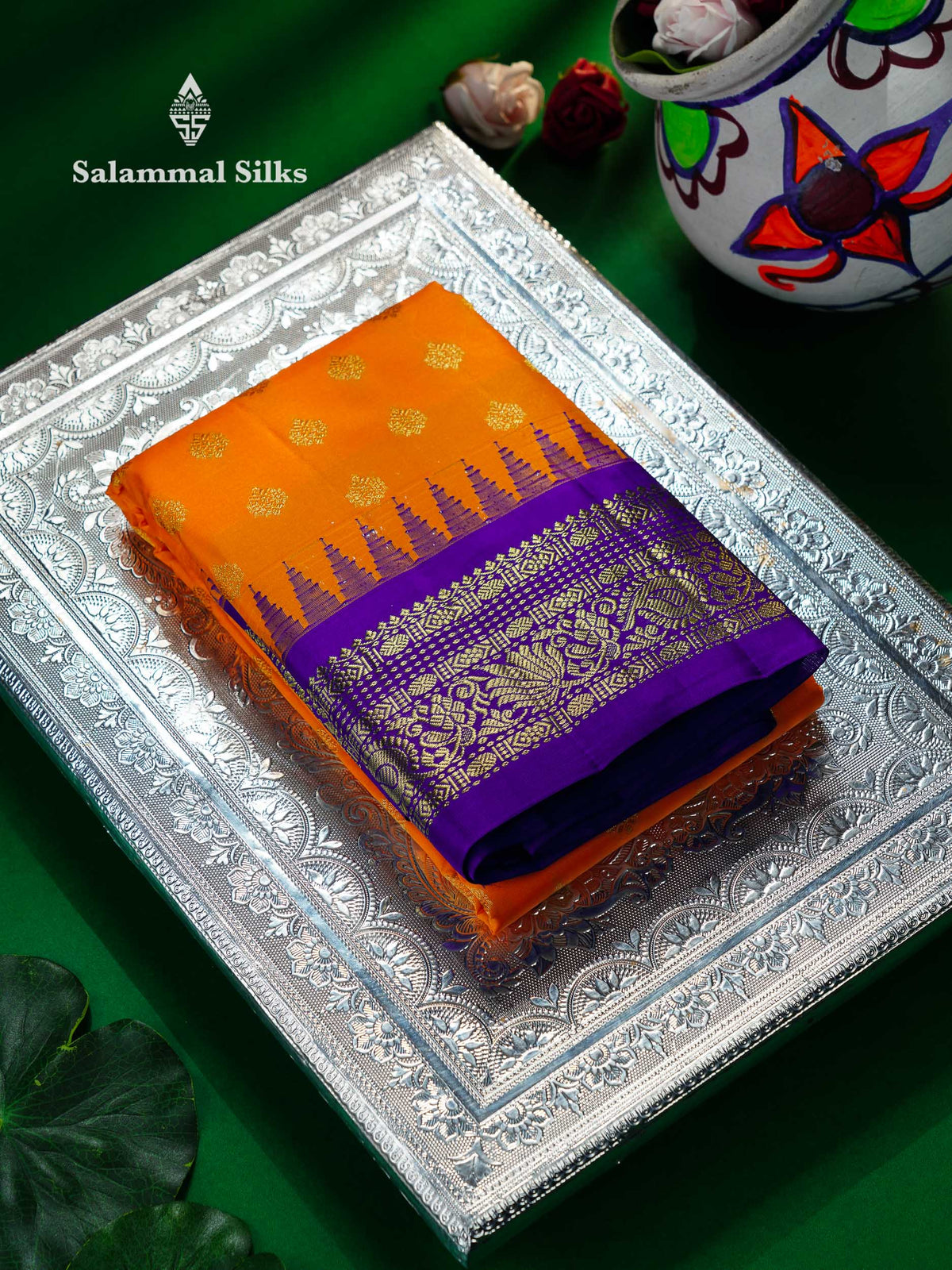 Beautiful Fanta Orange Pure Kanjivaram Silk Saree With Contrast Violet Traditional Border