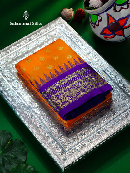 Beautiful Fanta Orange Pure Kanjivaram Silk Saree With Contrast Violet Traditional Border