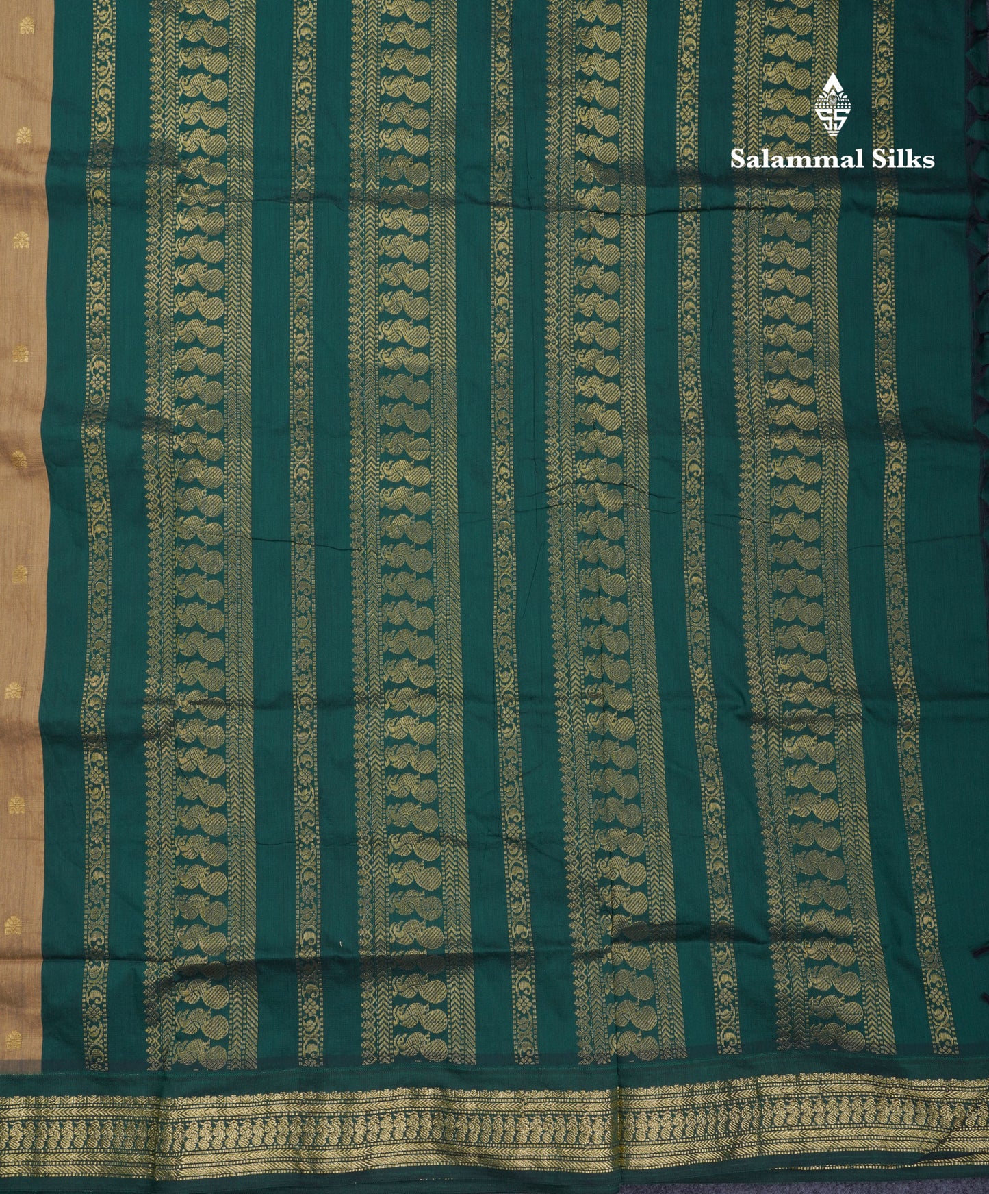 Dark Sandal Kalyani Cotton Saree With Contrast Bottle Green Blouse