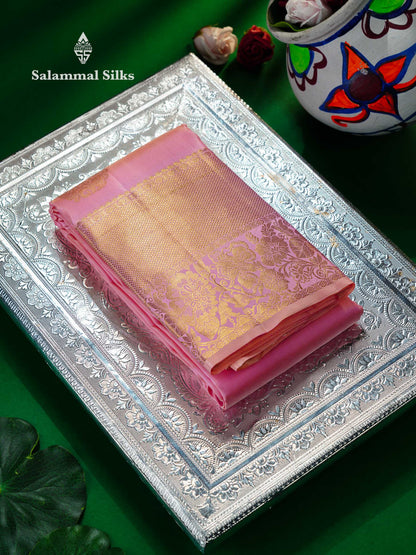 Beautiful Light Pink Pure Kanjivaram Silk Saree With Traditional Evening Morning Border