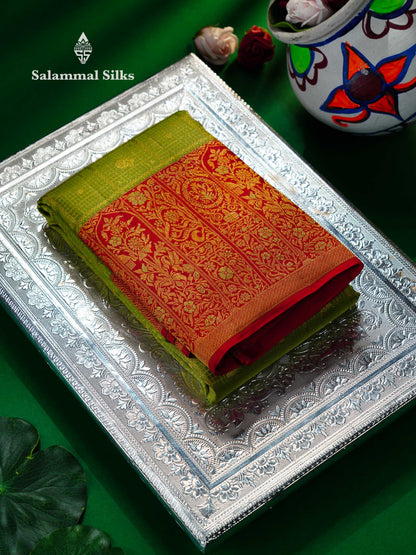 Beautiful Parrot Green Bridal Pure Kanjivaram Silk Saree With Contrast Red Traditional Evening Morning Border