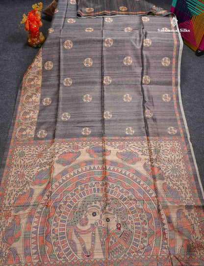 Beautiful Grey Semi Tussar Saree With Fancy Kalamkari Border