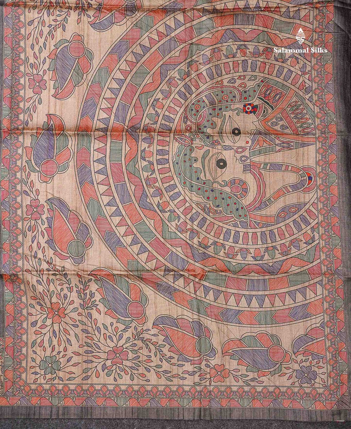 Beautiful Grey Semi Tussar Saree With Fancy Kalamkari Border