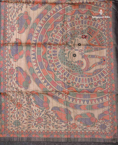 Beautiful Grey Semi Tussar Saree With Fancy Kalamkari Border