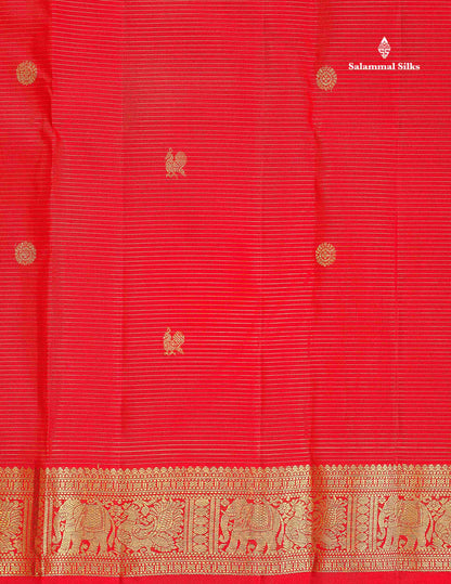 Pure Kanjivaram Silk Saree - Chilly Red Colour Body Vaira Oosi Lines With Butta & Traditional Small Border