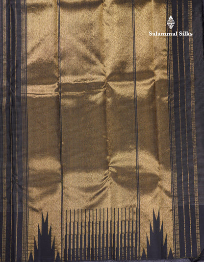 Beautiful Black Zari Tiny Checks Pure Kanjivaram Silk Saree with 8 Kol Traditional Temple Border
