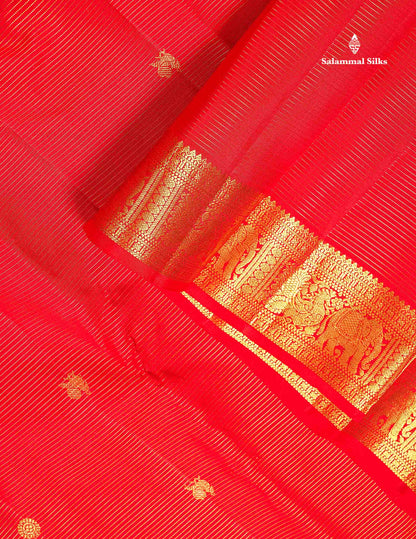 Pure Kanjivaram Silk Saree - Chilly Red Colour Body Vaira Oosi Lines With Butta & Traditional Small Border