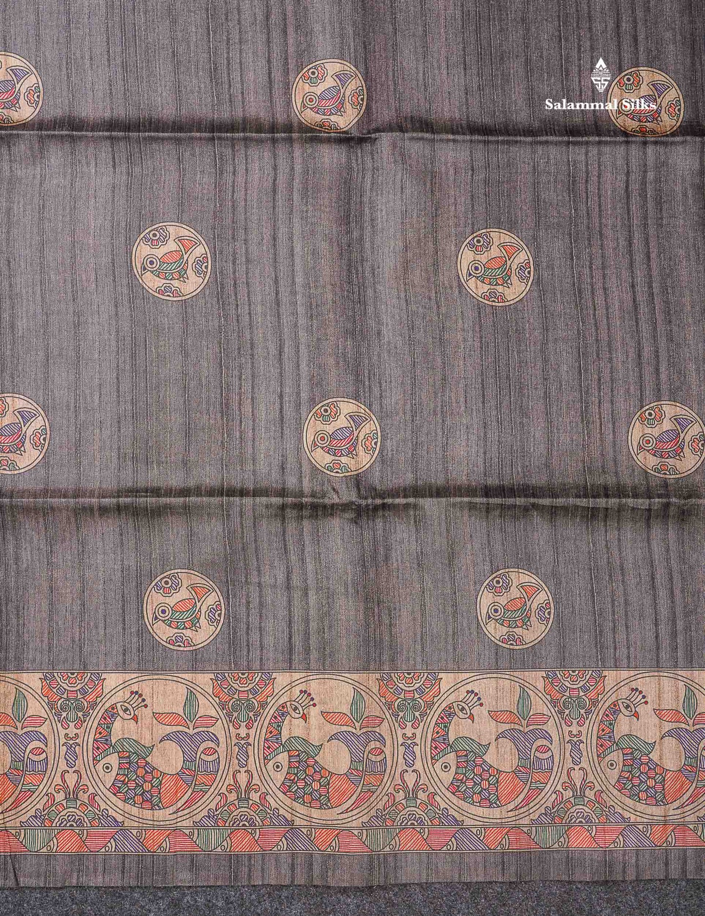 Beautiful Grey Semi Tussar Saree With Fancy Kalamkari Border