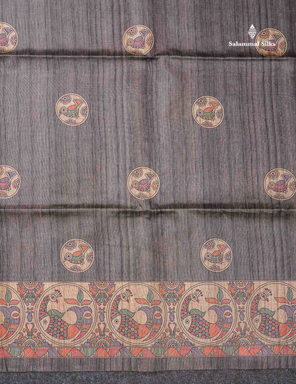 Beautiful Grey Semi Tussar Saree With Fancy Kalamkari Border