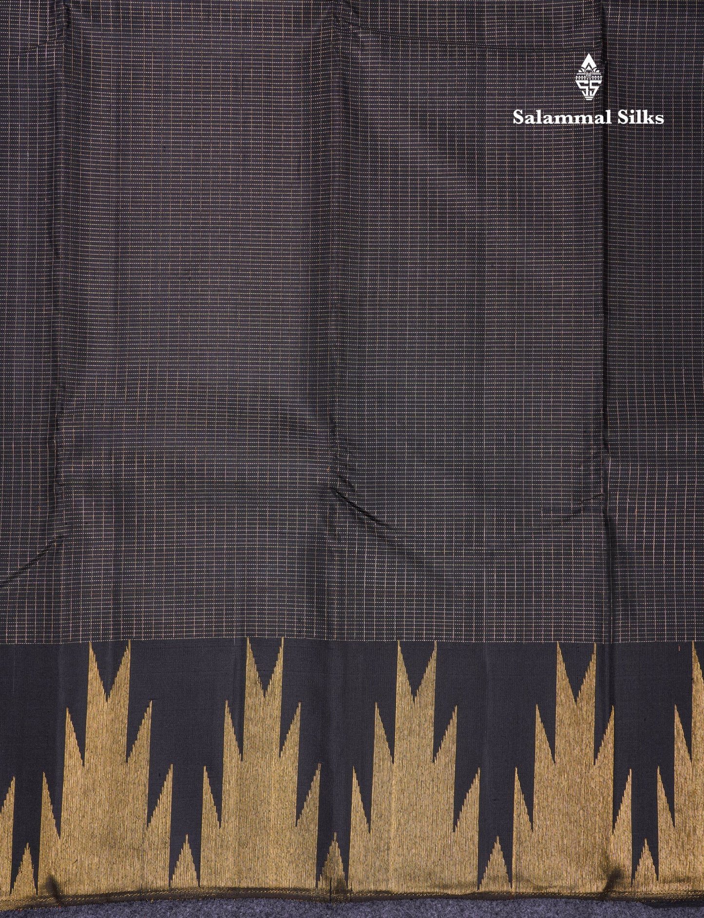 Beautiful Black Zari Tiny Checks Pure Kanjivaram Silk Saree with 8 Kol Traditional Temple Border