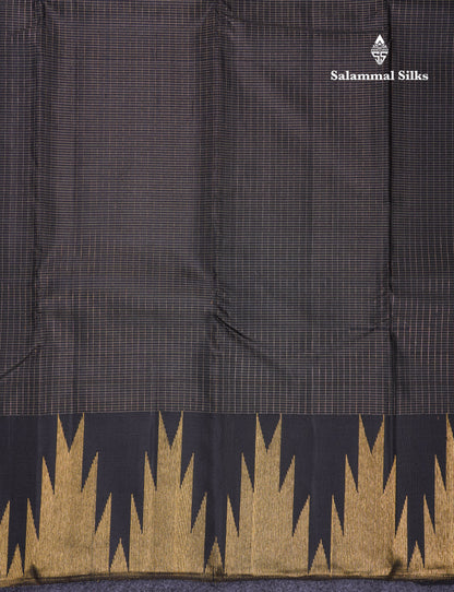 Beautiful Black Zari Tiny Checks Pure Kanjivaram Silk Saree with 8 Kol Traditional Temple Border