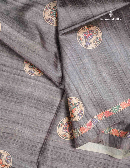 Beautiful Grey Semi Tussar Saree With Fancy Kalamkari Border