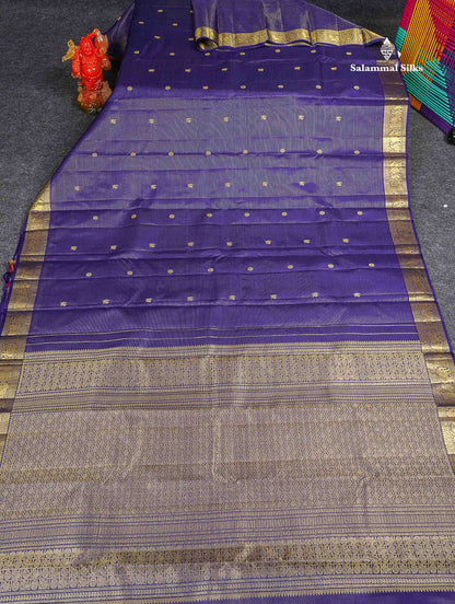 Pure Kanjivaram Silk Saree - Navy Blue Colour Body Vaira Oosi Lines With Butta & Traditional Small Border