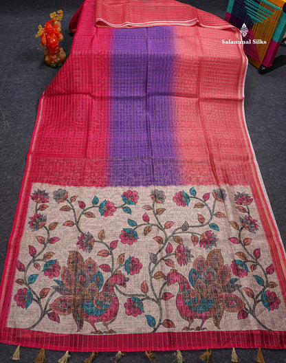 Beautiful Multicolour Checks Fancy Cotton Mix Saree With Contrast Kalamkari Blouse