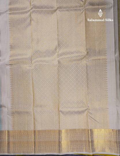 Beautiful Half White Fancy Pure Kanjivaram Silk Saree With Contrast Green Blouse
