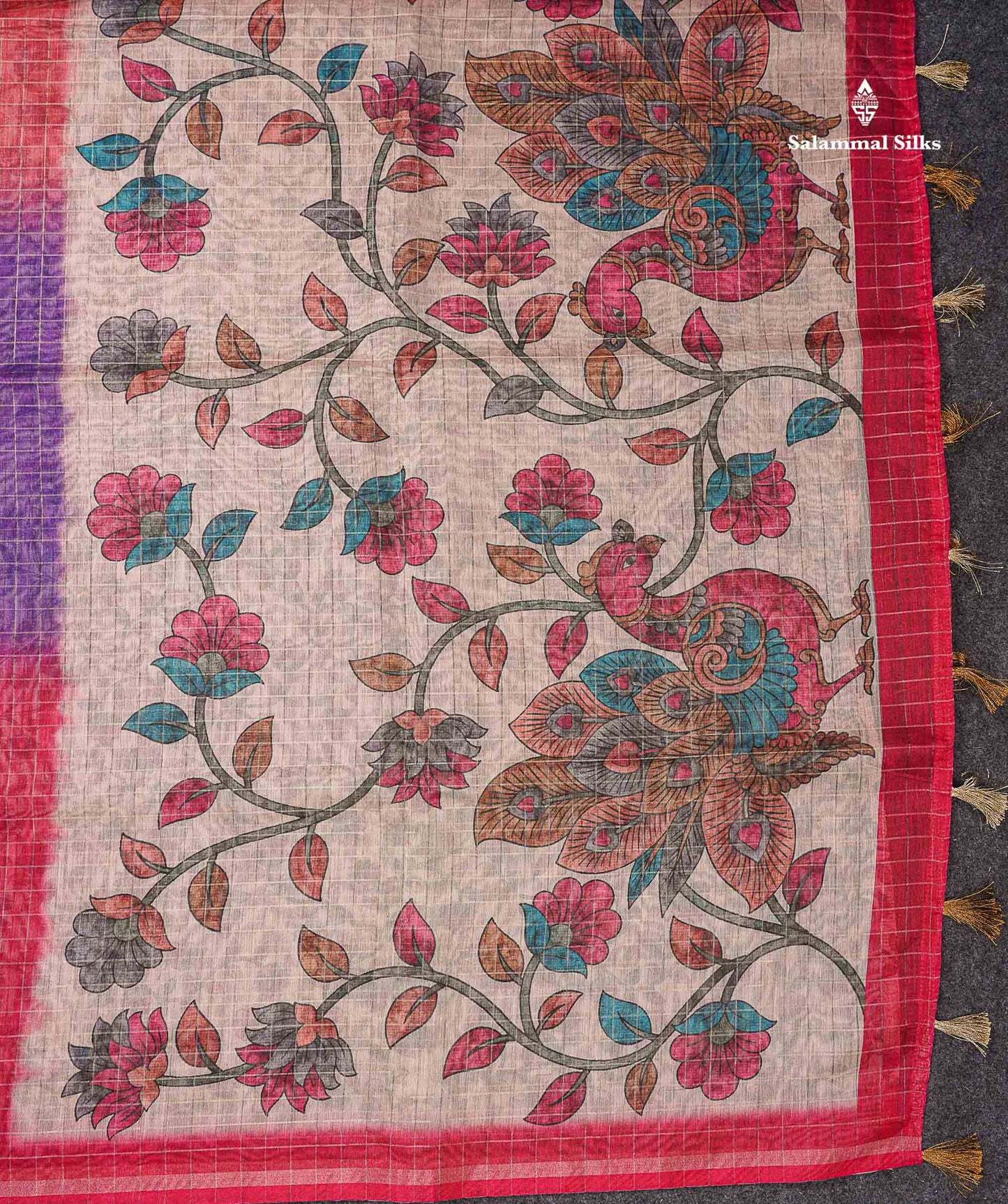 Beautiful Multicolour Checks Fancy Cotton Mix Saree With Contrast Kalamkari Blouse