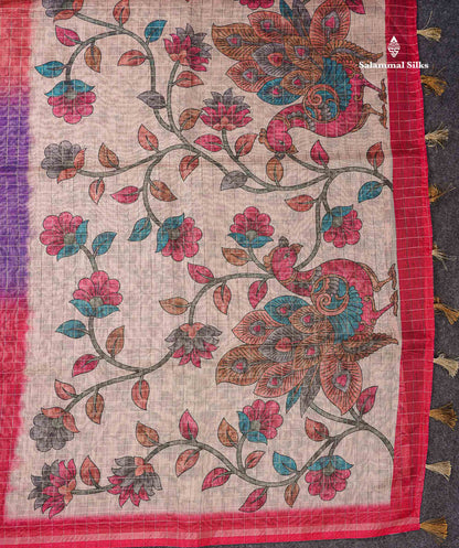 Beautiful Multicolour Checks Fancy Cotton Mix Saree With Contrast Kalamkari Blouse