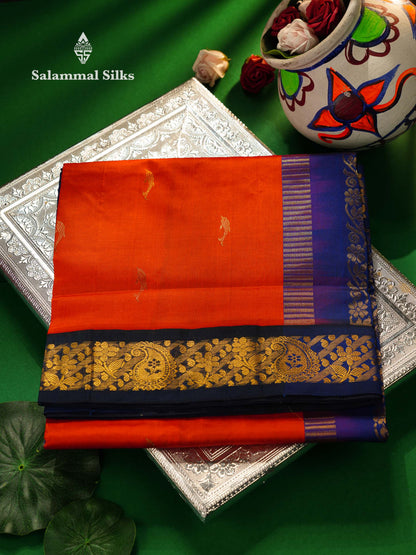Orange 9.5 Yards Semi Silk Cotton Saree With Contrast Navy Blue Border
