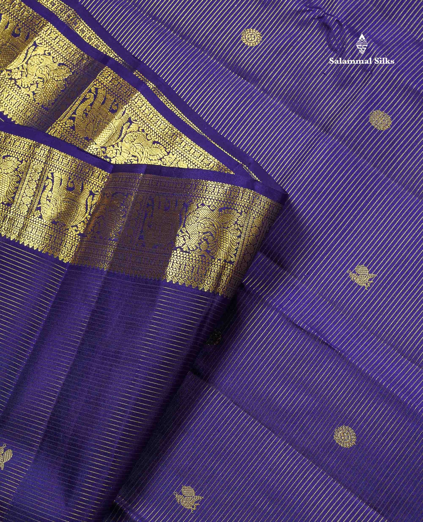 Pure Kanjivaram Silk Saree - Navy Blue Colour Body Vaira Oosi Lines With Butta & Traditional Small Border