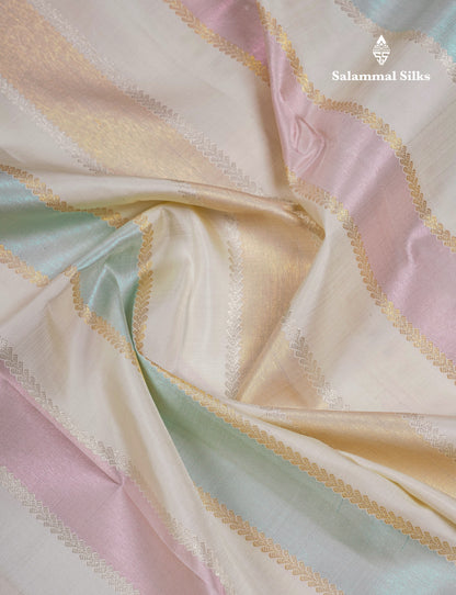 Beautiful Half White Fancy Pure Kanjivaram Silk Saree With Contrast Green Blouse