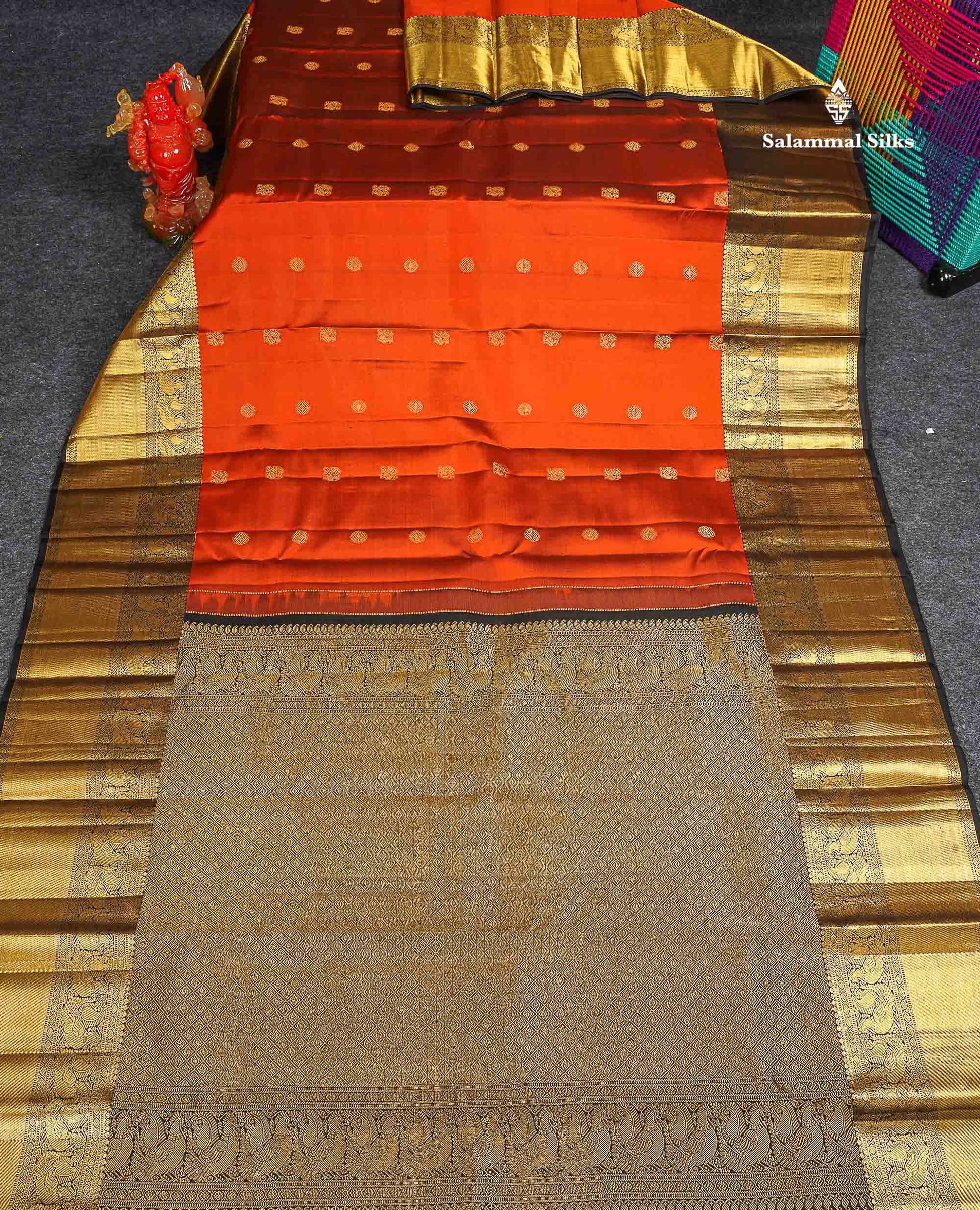 Pure Kanjivaram Silk Saree - Rust Orange Colour Body With Contrast Black Long Border