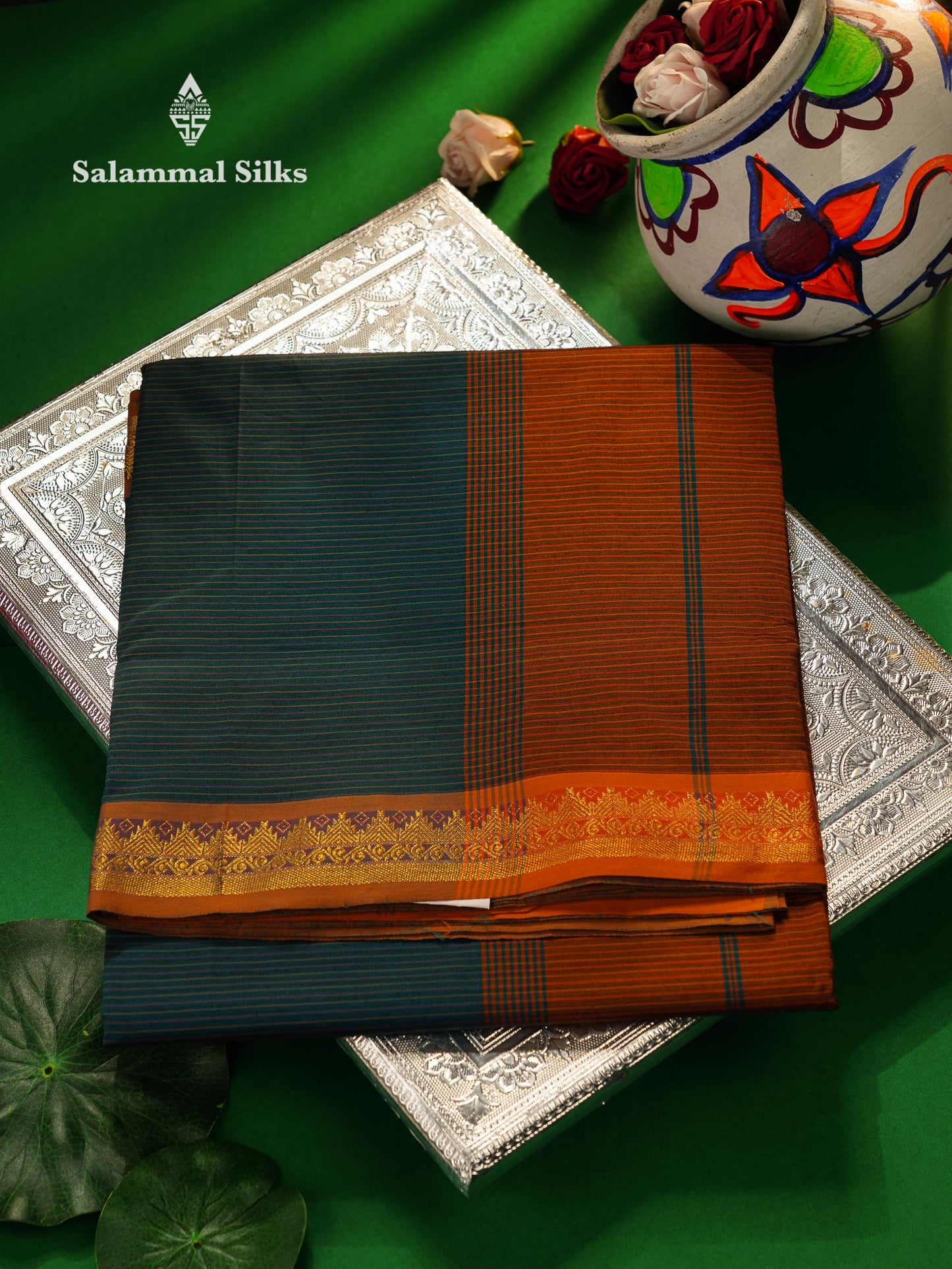 Beautiful Olive Green Thread Lines Semi Silk Cotton Saree With Maroon Traditional Border