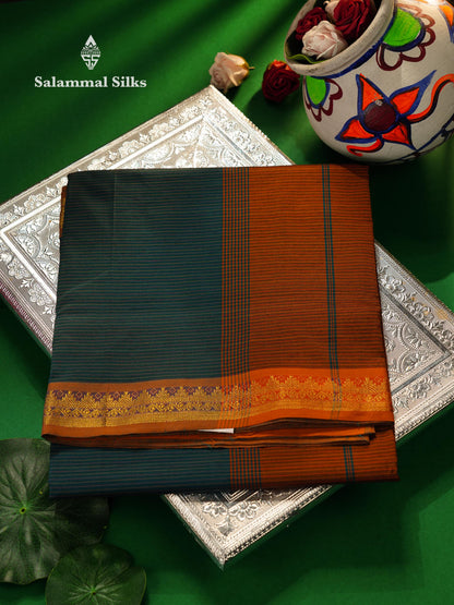 Beautiful Olive Green Thread Lines Semi Silk Cotton Saree With Maroon Traditional Border