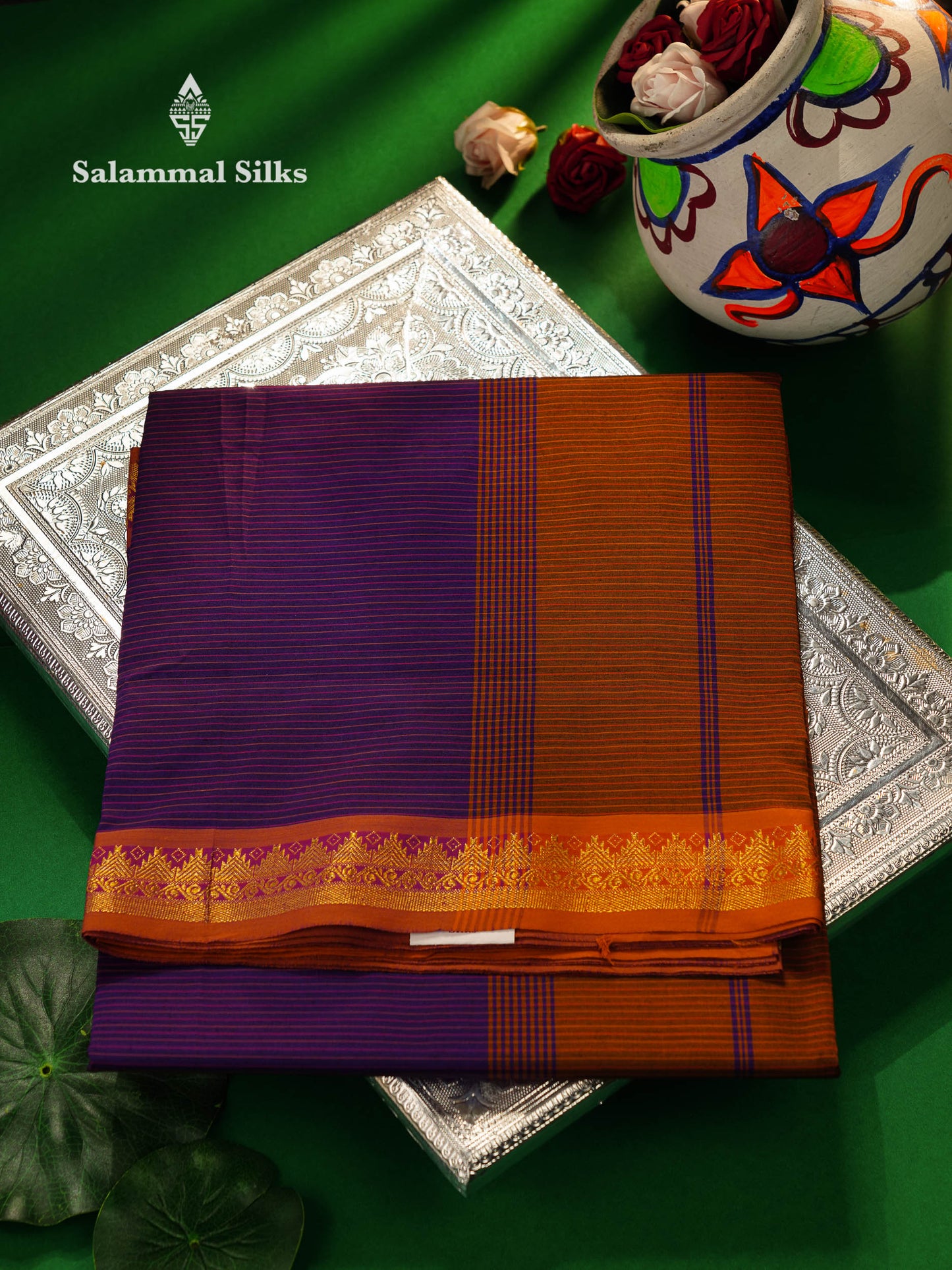 Beautiful Olive Green Thread Lines Semi Silk Cotton Saree With Maroon Traditional Border