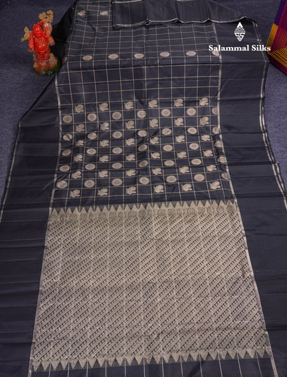 Beautiful Black Mayil Chakaram Butta Checks Pure Kanjivaram Silk Saree With Traditional Gap Border