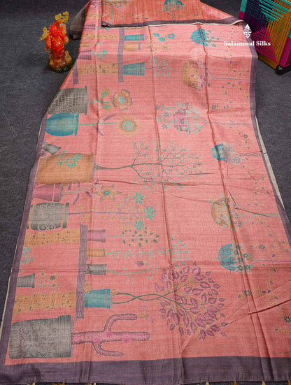 Beautiful Peach Vaira Oosi Lines Fancy Semi Tussar Saree With Contrast Pastel Violet Blouse