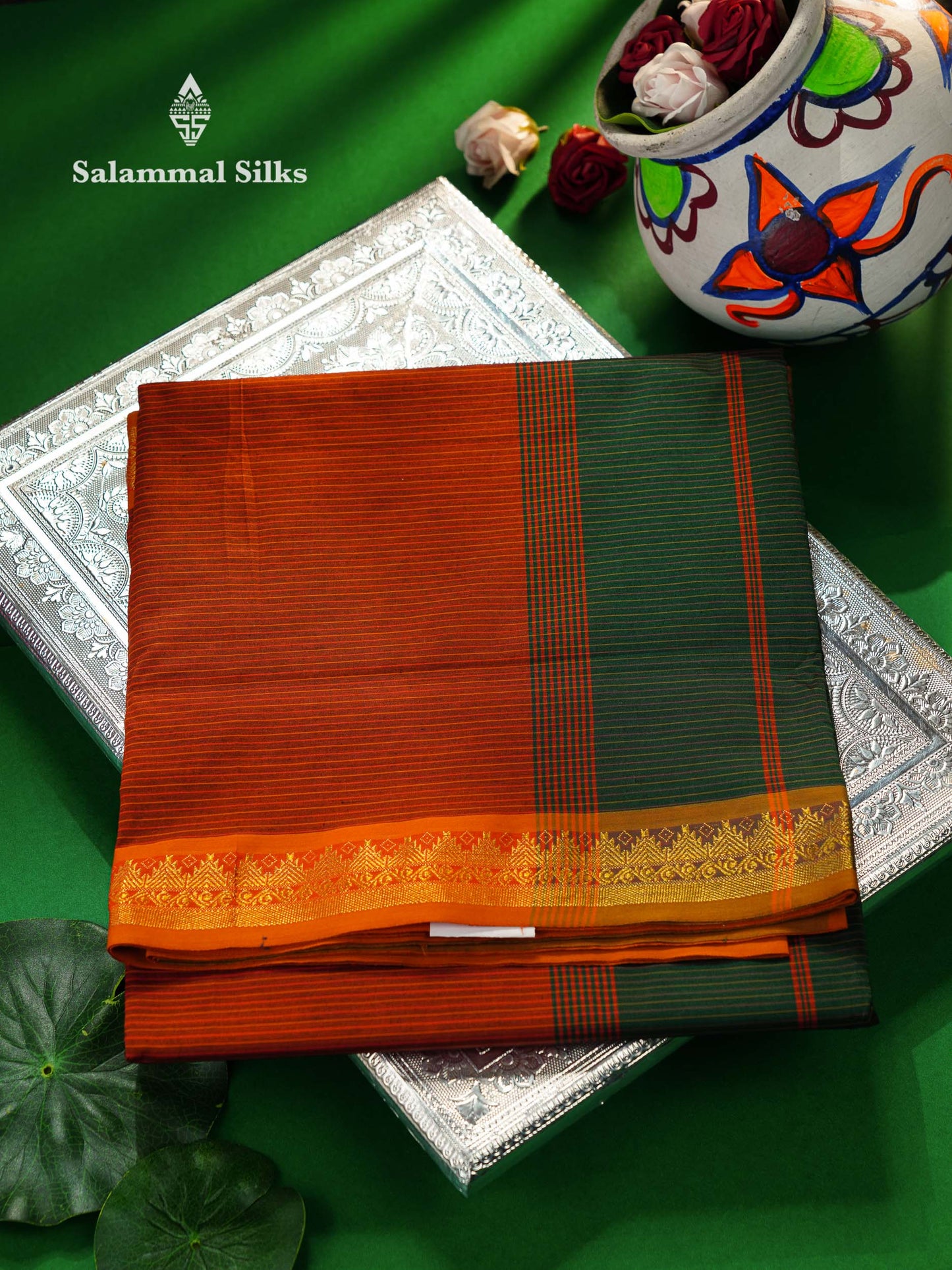 Beautiful Olive Green Thread Lines Semi Silk Cotton Saree With Maroon Traditional Border