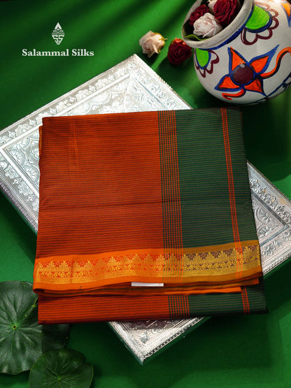 Beautiful Olive Green Thread Lines Semi Silk Cotton Saree With Maroon Traditional Border