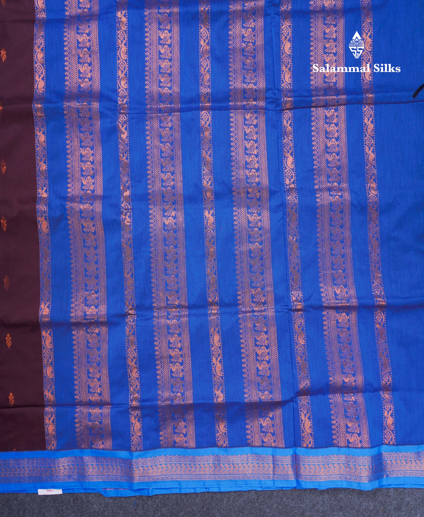 Dark Brown Kalyani Cotton Saree With Contrast Ananda Blue Blouse