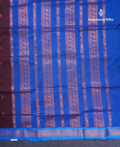 Dark Brown Kalyani Cotton Saree With Contrast Ananda Blue Blouse
