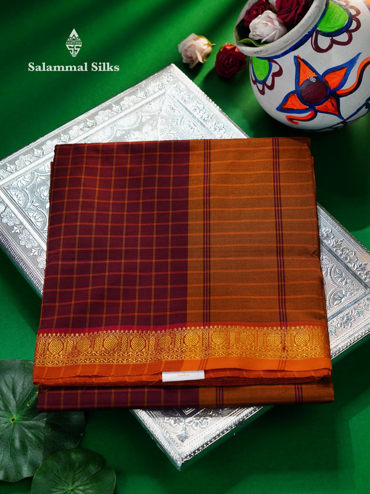 Beautiful Maroon Thread Checks Semi Silk Cotton Saree With Mustard Yellow Border