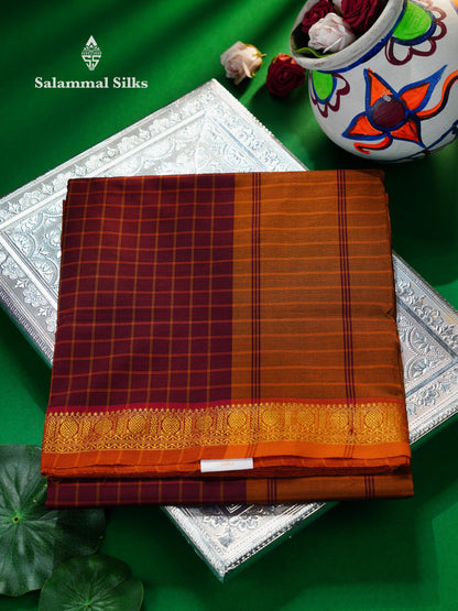 Beautiful Maroon Thread Checks Semi Silk Cotton Saree With Mustard Yellow Border