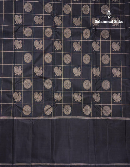 Beautiful Black Mayil Chakaram Butta Checks Pure Kanjivaram Silk Saree With Traditional Gap Border