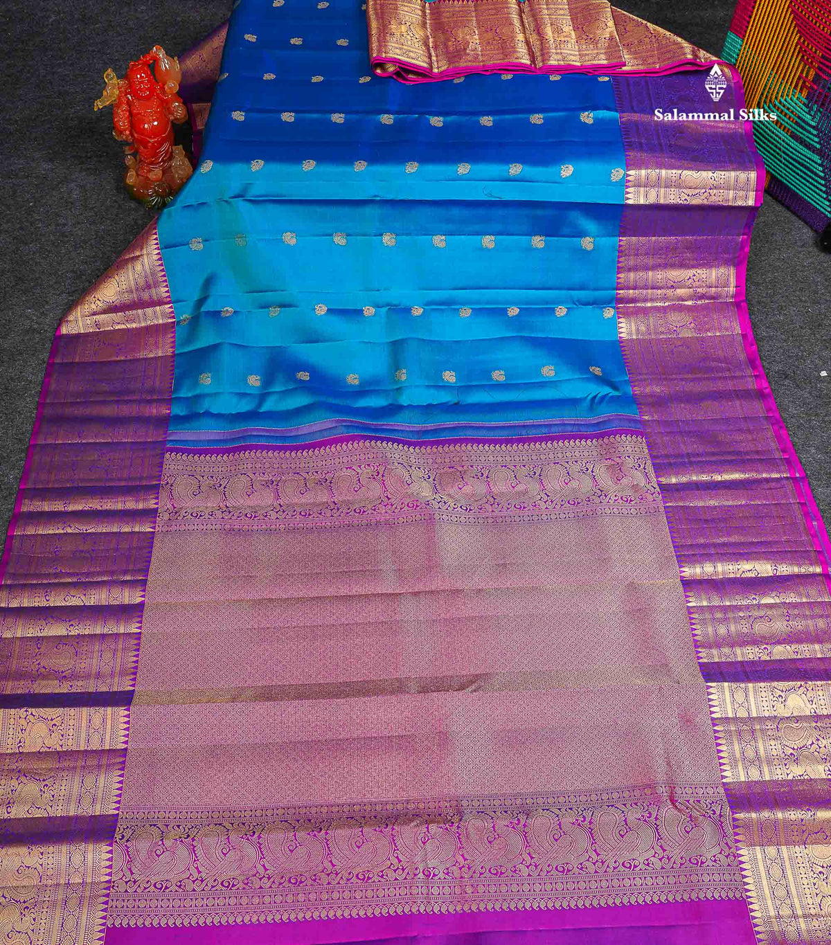 Pure Kanjivaram Silk Saree - Peacock Blue Colour Body With Butta & Contrast Vadamalli Long Border