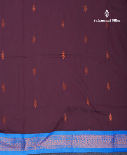 Dark Brown Kalyani Cotton Saree With Contrast Ananda Blue Blouse