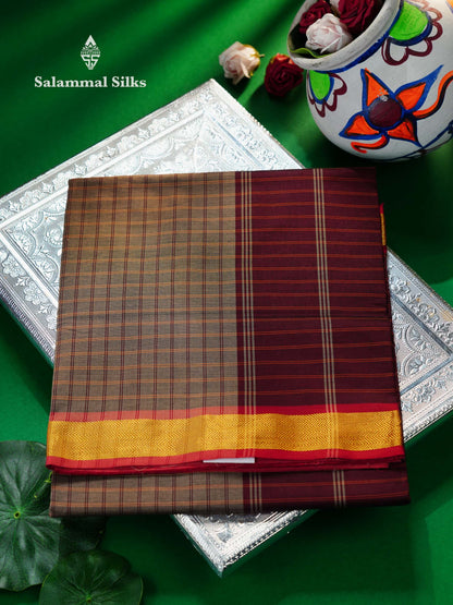 Beautiful Grey Thread Checks Semi Silk Cotton Saree With Maroon Traditional Small Border