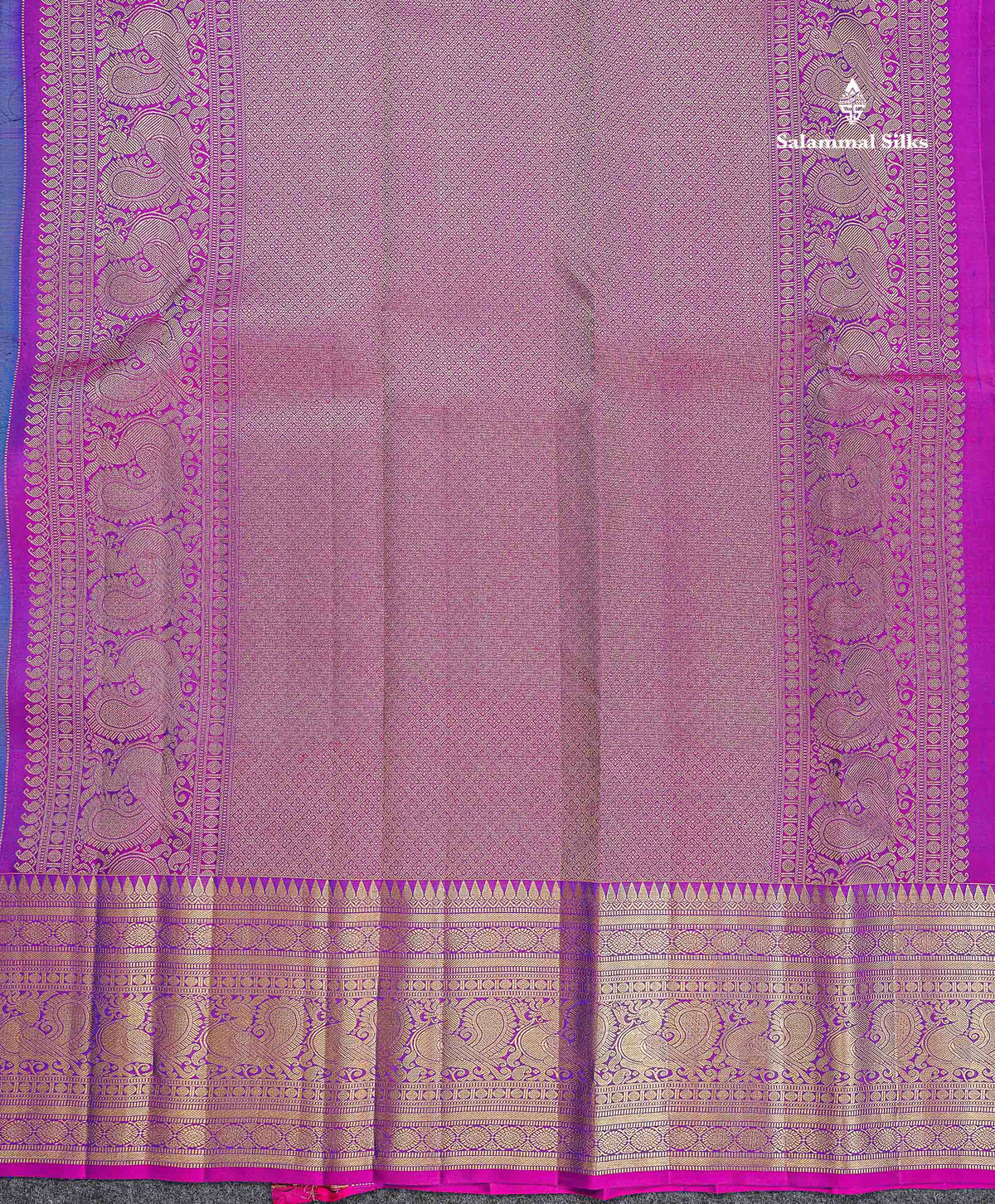 Pure Kanjivaram Silk Saree - Peacock Blue Colour Body With Butta & Contrast Vadamalli Long Border
