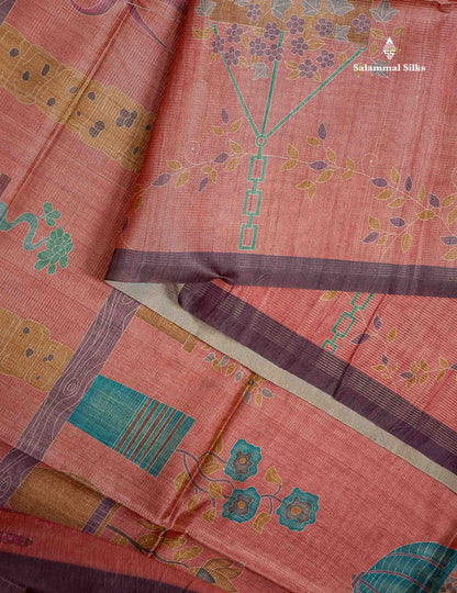 Beautiful Peach Vaira Oosi Lines Fancy Semi Tussar Saree With Contrast Pastel Violet Blouse