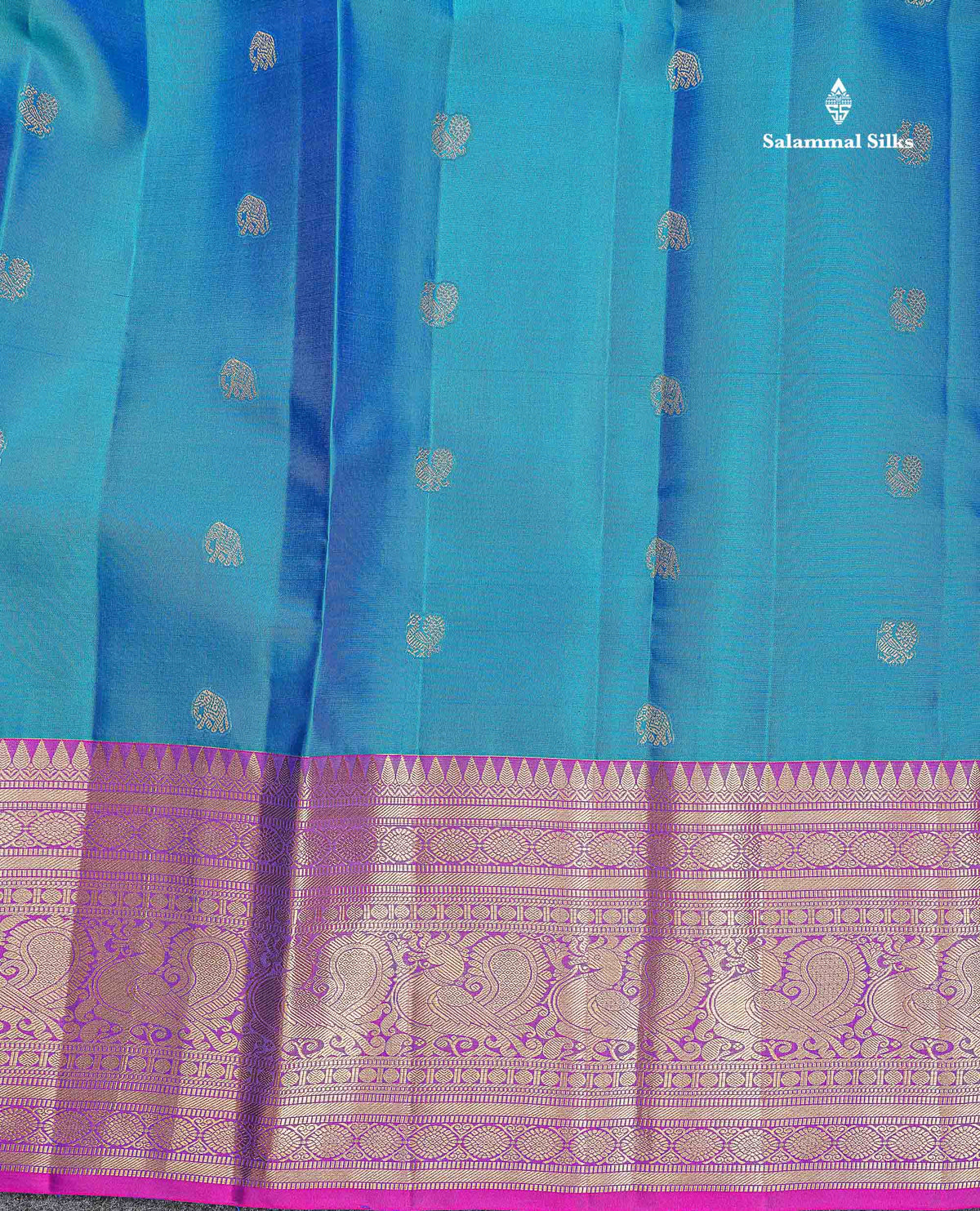 Pure Kanjivaram Silk Saree - Peacock Blue Colour Body With Butta & Contrast Vadamalli Long Border