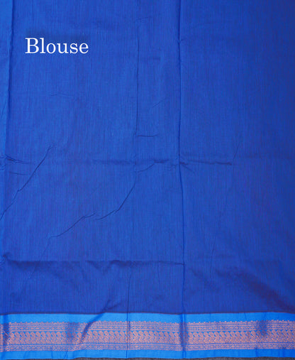 Dark Brown Kalyani Cotton Saree With Contrast Ananda Blue Blouse