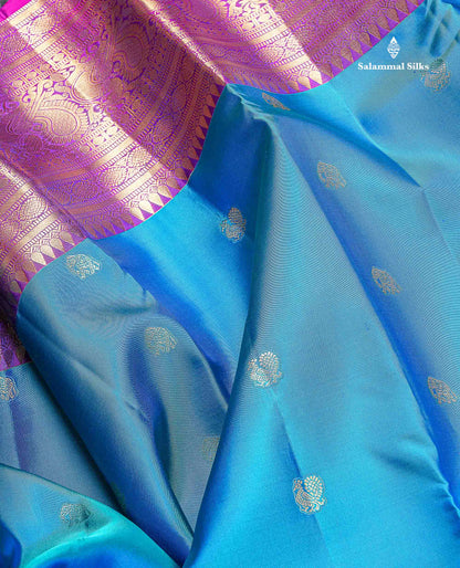 Pure Kanjivaram Silk Saree - Peacock Blue Colour Body With Butta & Contrast Vadamalli Long Border