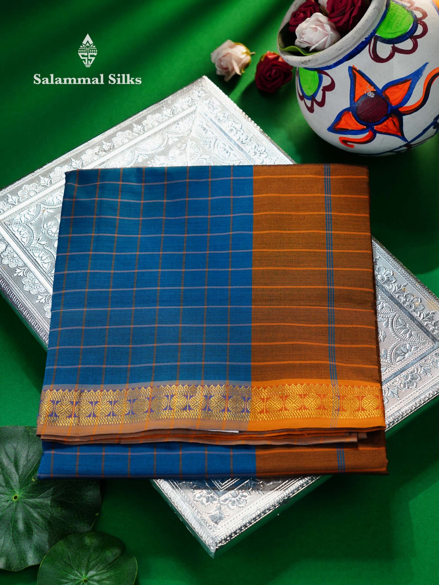 Beautiful Peacock Blue Thread Checks Semi Silk Cotton Saree With Mustard Yellow Traditional Small border