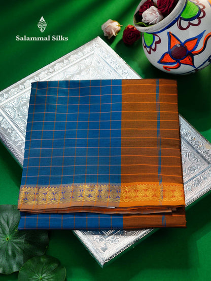Beautiful Peacock Blue Thread Checks Semi Silk Cotton Saree With Mustard Yellow Traditional Small border