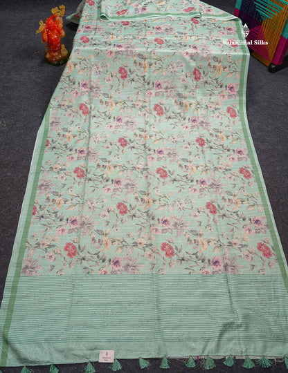Cream Green Pure Fancy Tussar Saree With Floral Print Blouse